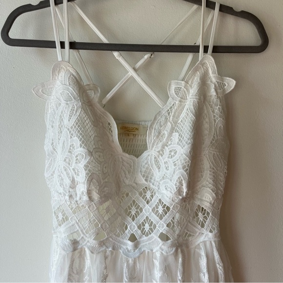 Rebellion Again White Lace Maxi Dress L | Boho Festival Sheer Overlay Strappy - Picture 6 of 12